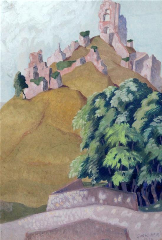 Herbert Gurschner (Austrian, 1901-1975), Corfe Castle, tempera on card, 45.75 x 31.75cm